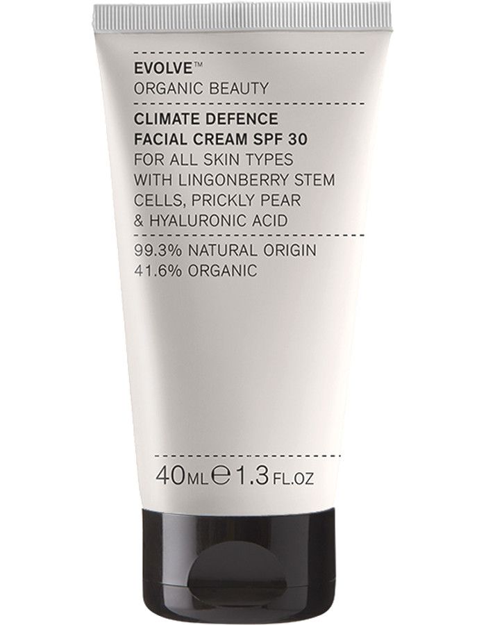Evolve Organic Beauty Climate Defense Facial Cream spf30is een veganistische, niet-gekleurde gezichtscrème met SPF30.