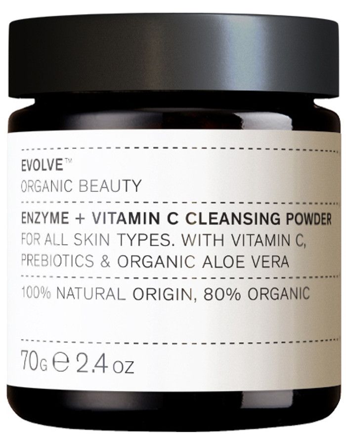 Evolve Organic Beauty Enzyme Vitamin C Cleansing Powder met natuurlijke papaja-enzymen en stabiele vitamine C voor een stralende huid.