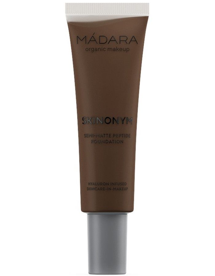 Mádara Skinonym Semi-matte Peptide Foundation 100 Mocha past zich aan de unieke textuur van je huid voor een onberispelijke teint zonder zichtbare sporen van aanwezigheid.