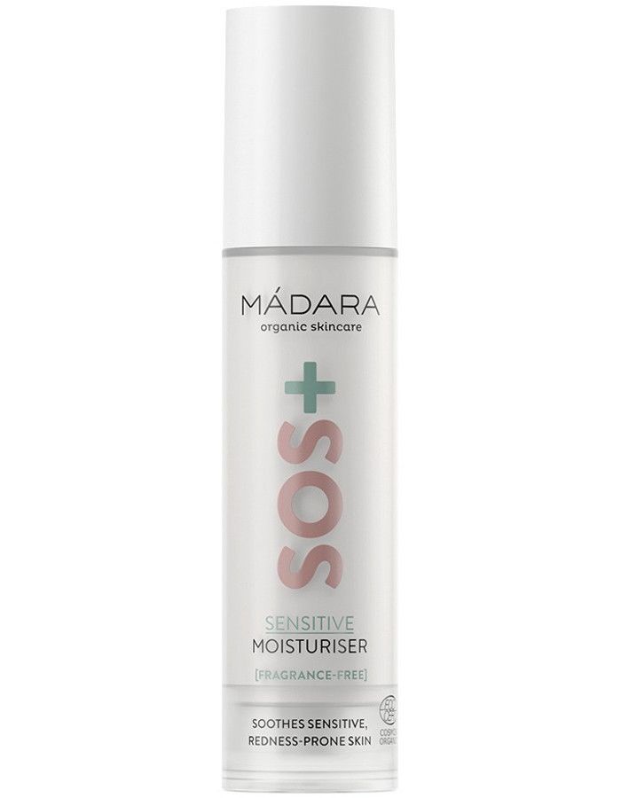 Mádara SOS Sensitive Moisturiser met een lichte formule, rode algenextract en hyaluronzuur kalmeert, verzacht en hydrateert de crème intensief, wat zorgt voor langdurig comfort.