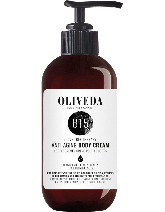 Oliveda B15 Anti Aging Body Cream is een vegan, snel absorberende bodycrème die de huid de hele dag intensief hydrateert.