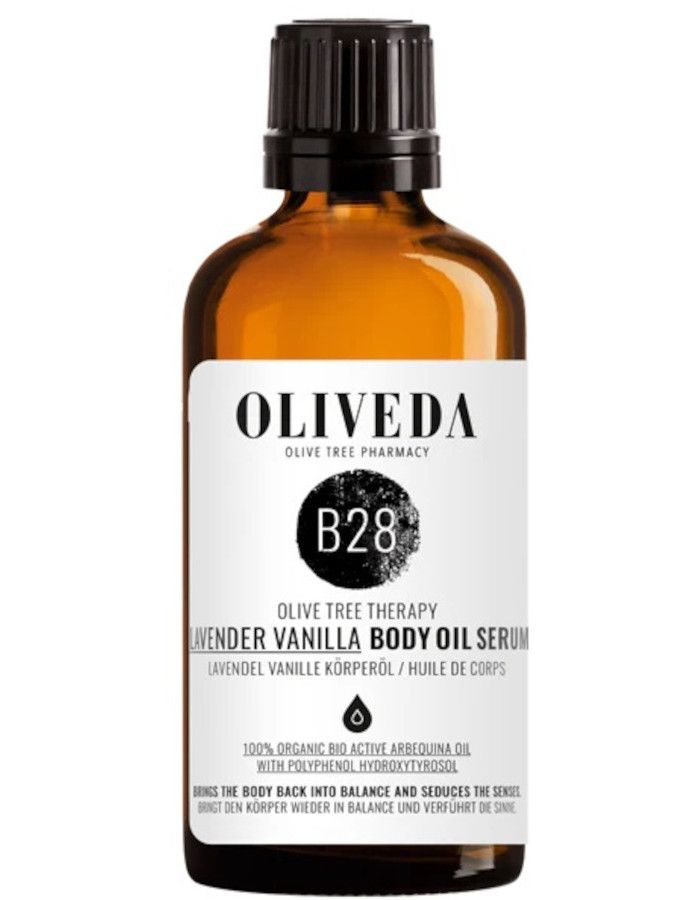 Oliveda B28 Body Oil Lavender Vanilla is een 100% biologische en veganistische bodyolie die stress vermindert en pigmentvlekken voorkomt.