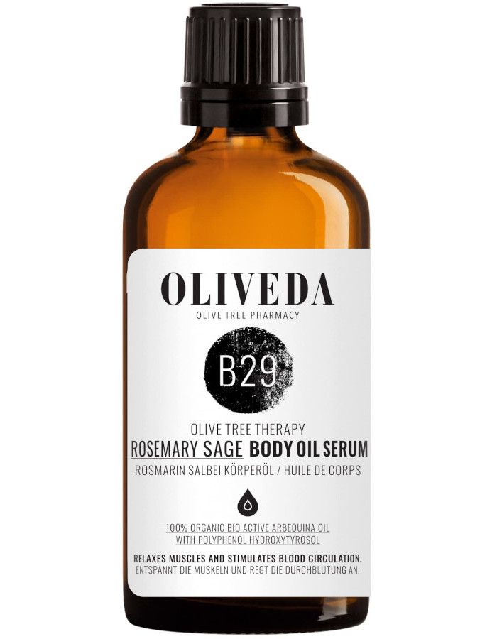 Oliveda B29 Activating Body Oil Rosemary Sage is een 100% biologische en veganistische bodyolie die je spieren ontspant en je bloedsomloop stimuleert.
