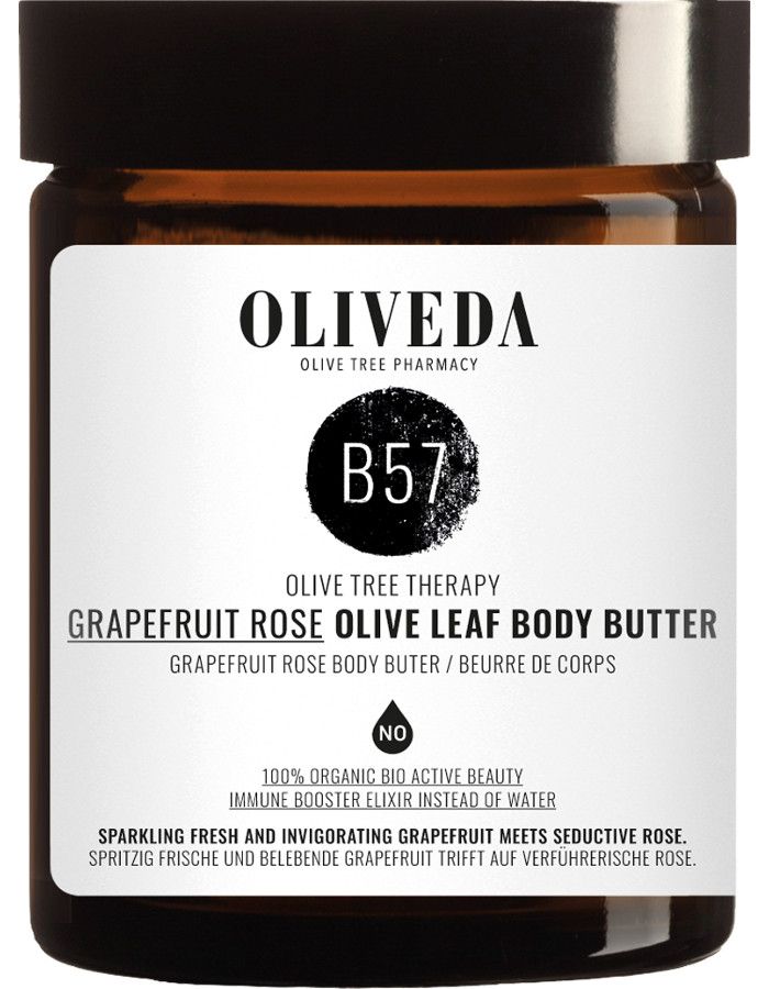 Oliveda B57 Olive Leaf Body Butter Grapefruit Rose is een rijke en volle bodybutter die je huid intens hydrateert dankzij de combinatie van olijfbladextract en olijfolie.