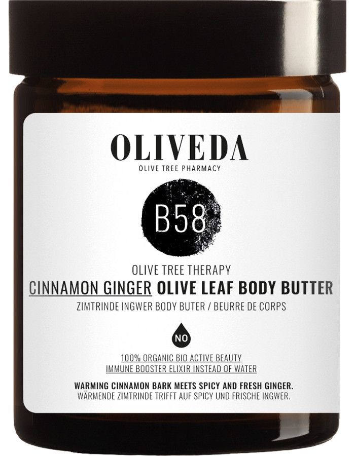 Oliveda B58 Cinnamon Ginger Olive Leaf Body Butter is een rijke, volle bodybutter die je huid intens hydrateert met olijfbladextract en olijfolie.
