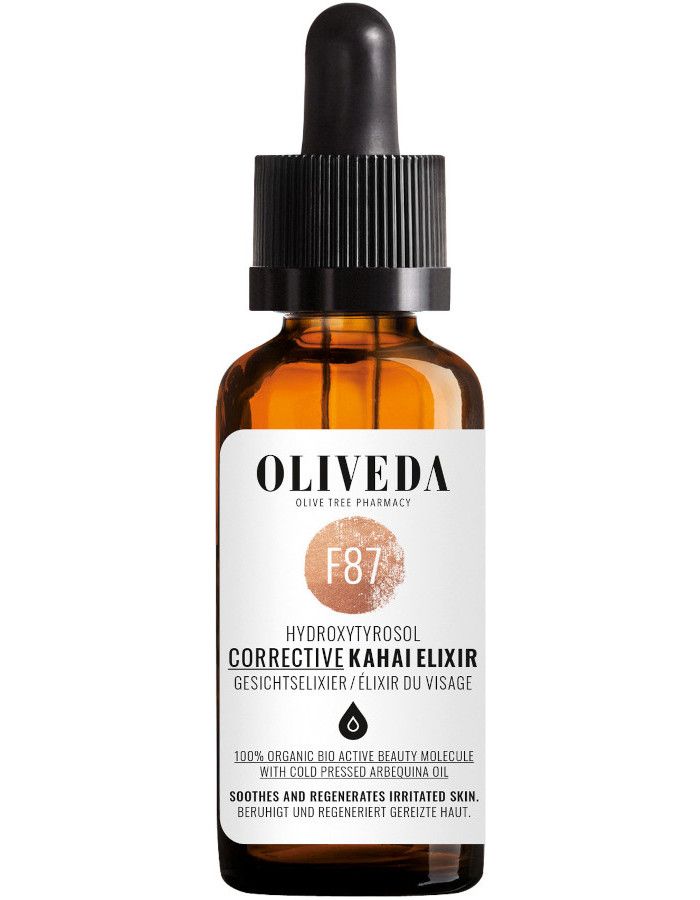 Oliveda F87 Corrective Kahai Face Elixir biedt een veelzijdige oplossing voor diepe hydratatie en anti-veroudering en geeft bescherming tegen oxidatieve schade