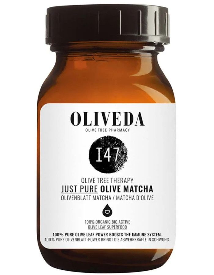 Oliveda I47 Just Pure Olive Matcha is een 100% biologische thee gemaakt van fijn gemalen olijfblad, rijk aan vitaminen en antioxidanten.
