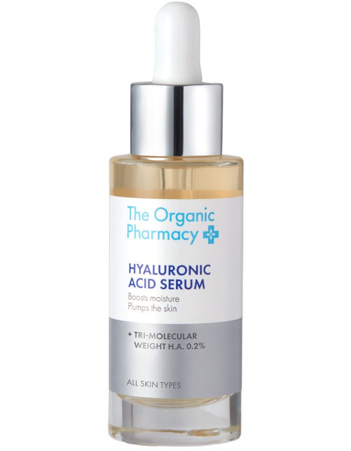 The Organic Pharmacy Hyaluronic Acid Serum is een luchtig en sterk hydraterend serum met drievoudig hyaluronzuur dat fijne lijntjes en rimpels intensief hydrateert en opvult.