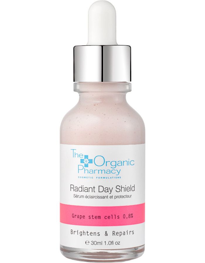 The Organic Pharmacy Radiant Day Shield Serum bevat UVA- en UVB-minerale filters met in liposomen ingekapselde druivenstamcellen, afkomstig van anthocyaninerijke druivenrassen.