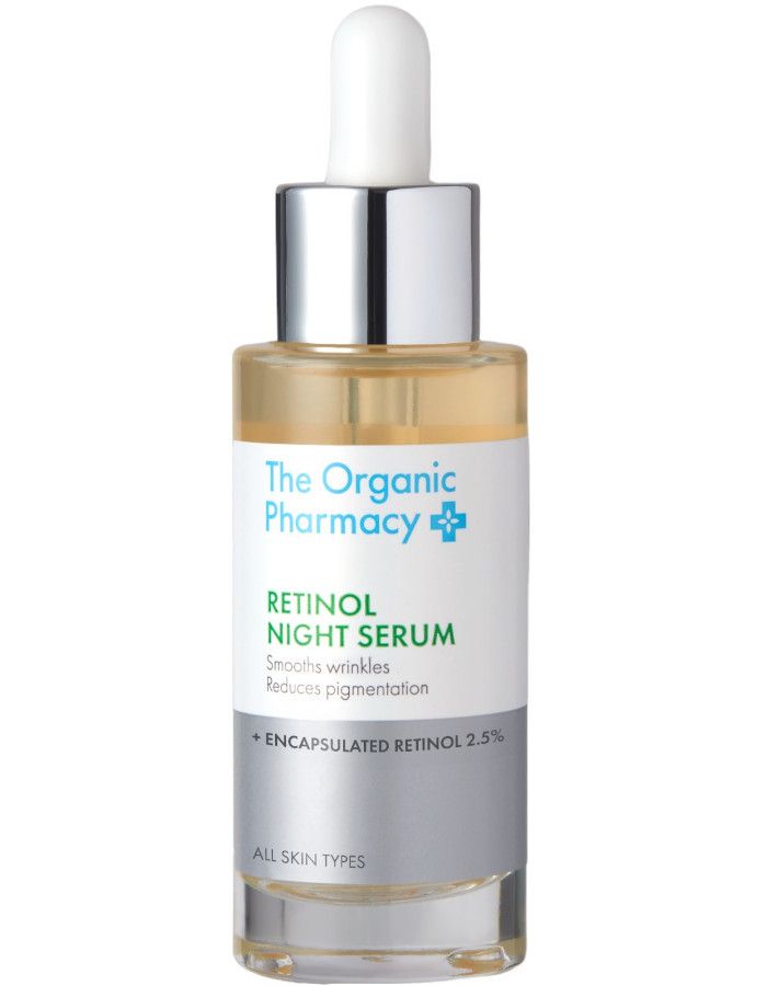 The Organic Pharmacy Retinol Night Serum is een intensief, gladmakend serum die de aanmaak van collageen stimuleert, pigmentvlekken vermindert en fijne lijntjes en rimpels vermindert.