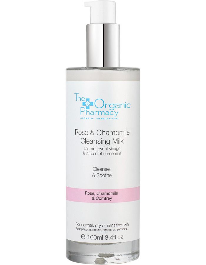 The Organic Pharmacy Rose & Chamomile Cleansing Milk is een zachte, alcoholvrije reinigingsmelk die moeiteloos gezichts- en oogmake-up verwijdert