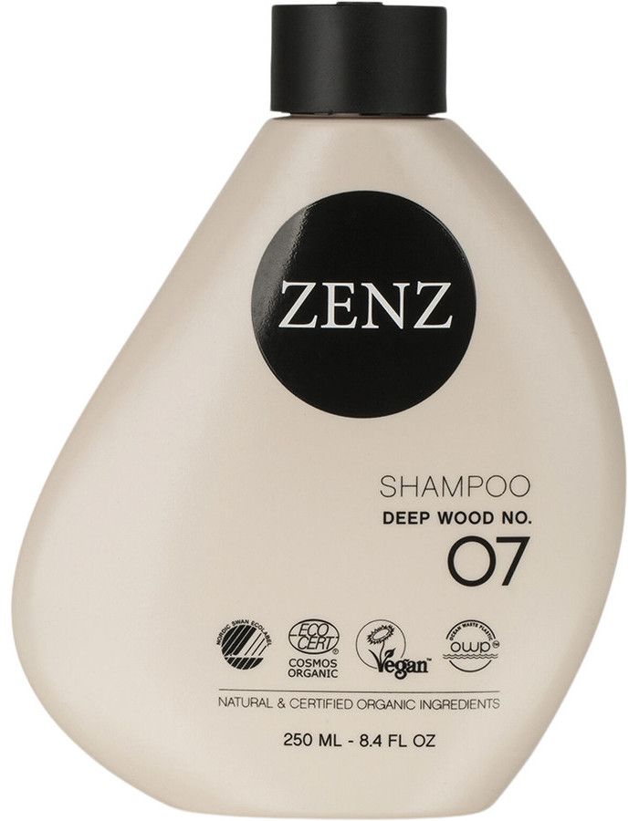 Zenz Organic Shampoo Deep Wood No 07 met een specifieke focus op krullend en droog haar en hoofdhuidproblemen, belooft vocht, kracht en vitaliteit.