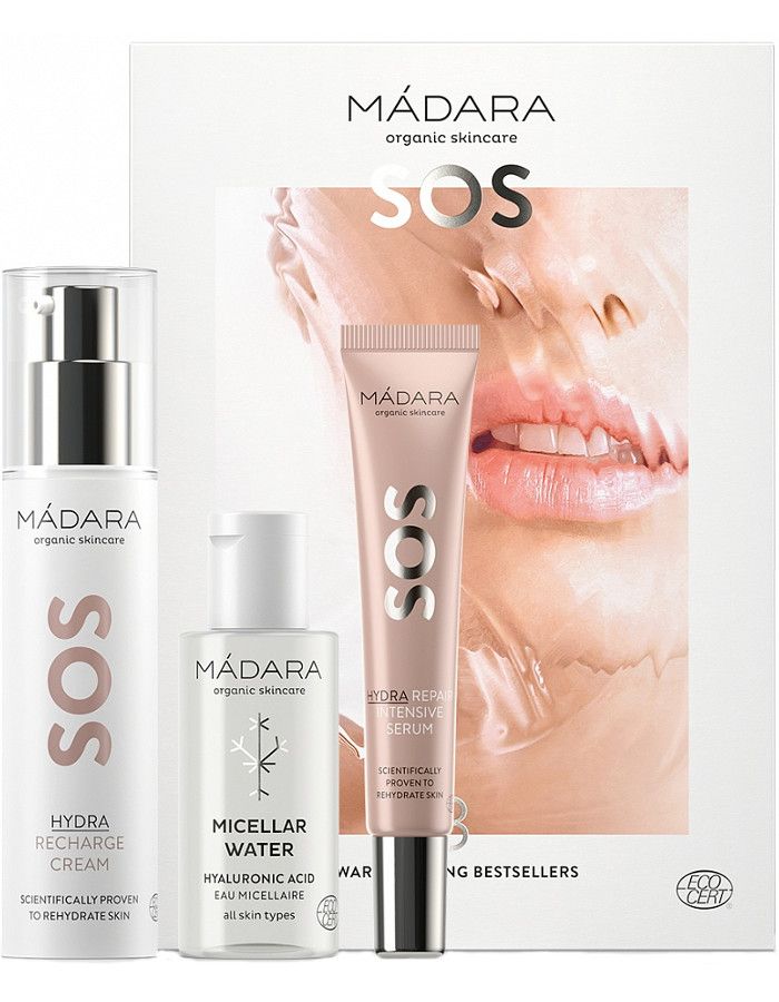 Mádara SOS Hydra Star Collection Gift Set 3-Delig is een trio met de bestsellers van Mádara welke de droge, gedehydrateerde en gestresste huid hydrateren en kalmeren.