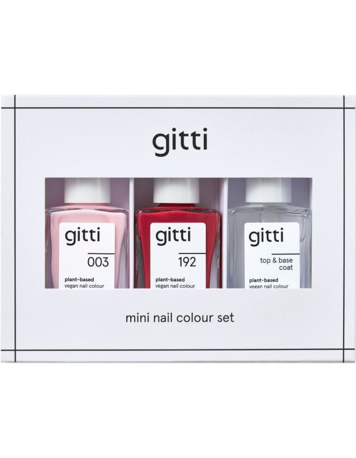 Gitti Mini Starter Set: twee plantaardige nagellakken + 2-in-1 top/basecoat. Duurzaam, natuurlijk en ideaal voor onderweg.