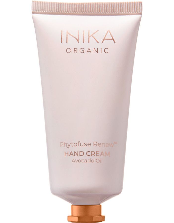 Inika Organic Phytofuse Renew Avocado Oil Hand Cream is biologisch en vegan handcrème met een krachtige combinatie van plantaardige oliën en boters die in de huid smelt zonder plakkerig of vettig aan te voelen.