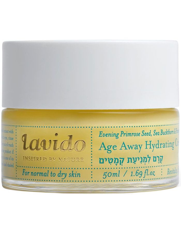 Lavido Age Away Hydrating Cream revitaliseert, hydrateert en herstelt de normaal tot droge, rijpere huid met o.a. Attar of Rose en biologische teunisbloemolie.