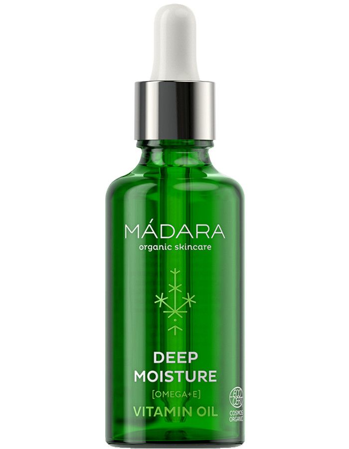 Mádara Deep Moisture Vitamin Oil bevat een combinatie van omega 3 & 6 en natuurlijke vitamine E die er voor zorgt dat de huidbarrière optimaal gevoed, gehydrateerd en hersteld wordt.