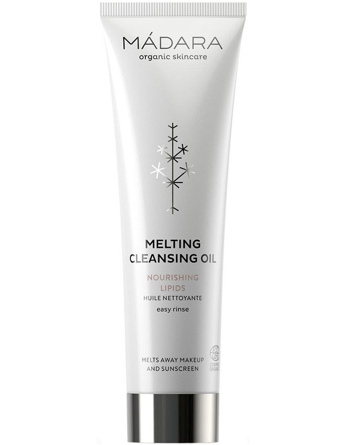 Mádara Melting Cleansing Oil is een rijke en luxueuze gezichtsreiniger op basis van natuurlijke oliën die make-up, langhoudende foundation en minerale zonbescherming als sneeuw voor de zon oplost.