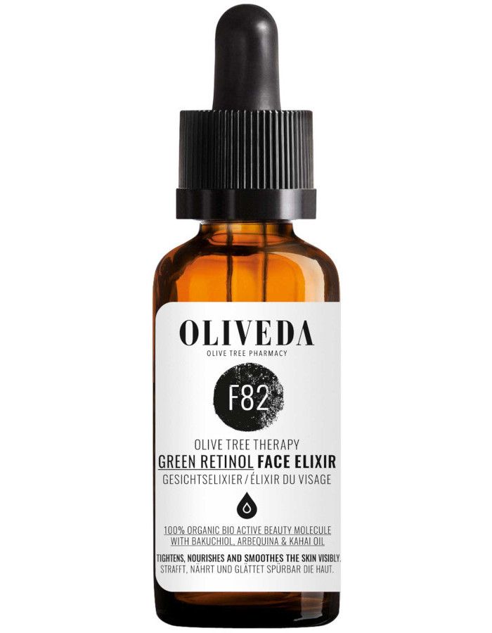 Oliveda F82 Green Retinol Facial Elixir combineert voor het eerst de krachtige antioxidant hydroxytyrosol met Bakuchiol en vitamine A-rijke Kahai-olie voor een stralende en gelijkmatigere teint.